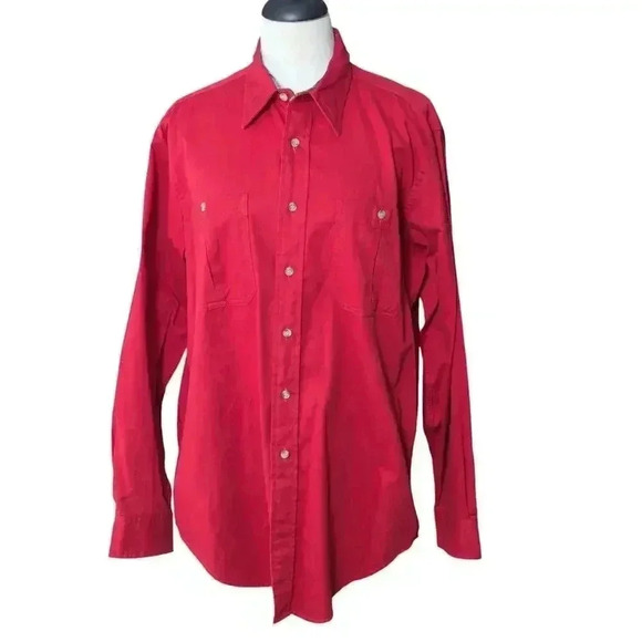 Mens Woolrich Large Red Long Sleeve Button Up Shirt Double Pockets 100% Cotton - Picture 1 of 12